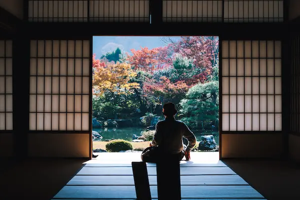 和室から紅葉を眺める人の後ろ姿の写真
