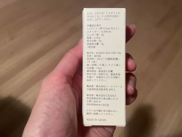 手のひらサイズの紙の箱。裏面の成分表が映された写真